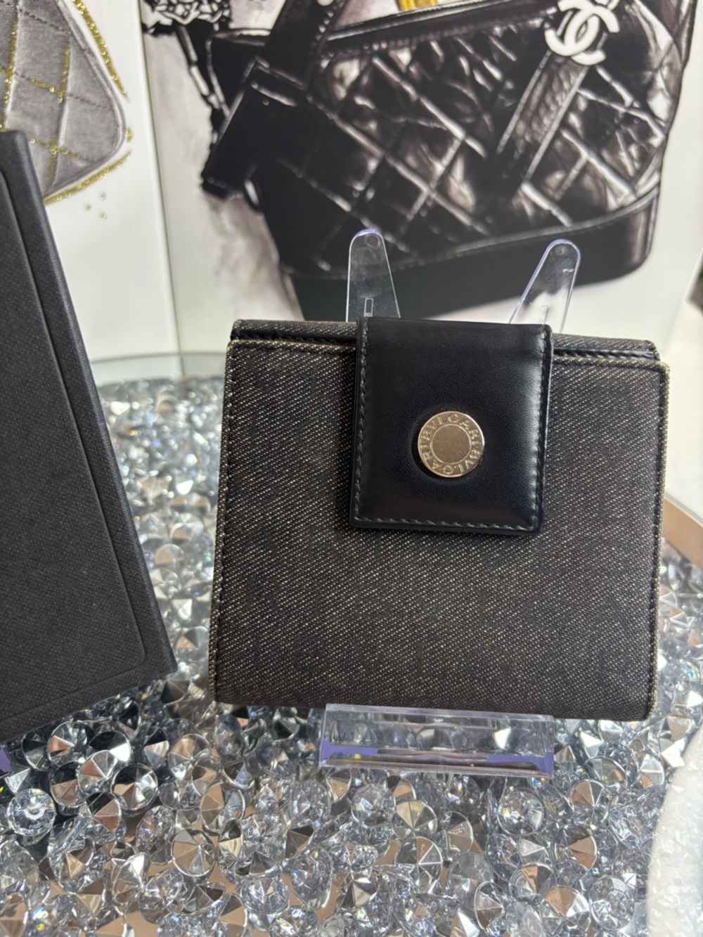 BVLGARI Logo Mania Bifold Wallet made of black denim-like canvas & leather EUC - Picture 3 of 17